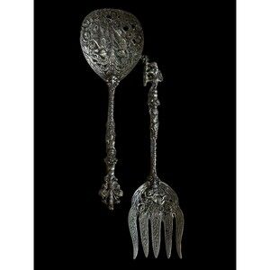 Vintage Italian Ornate Large Cherubs Lion Spoon Fork Serving Utensils Salad
